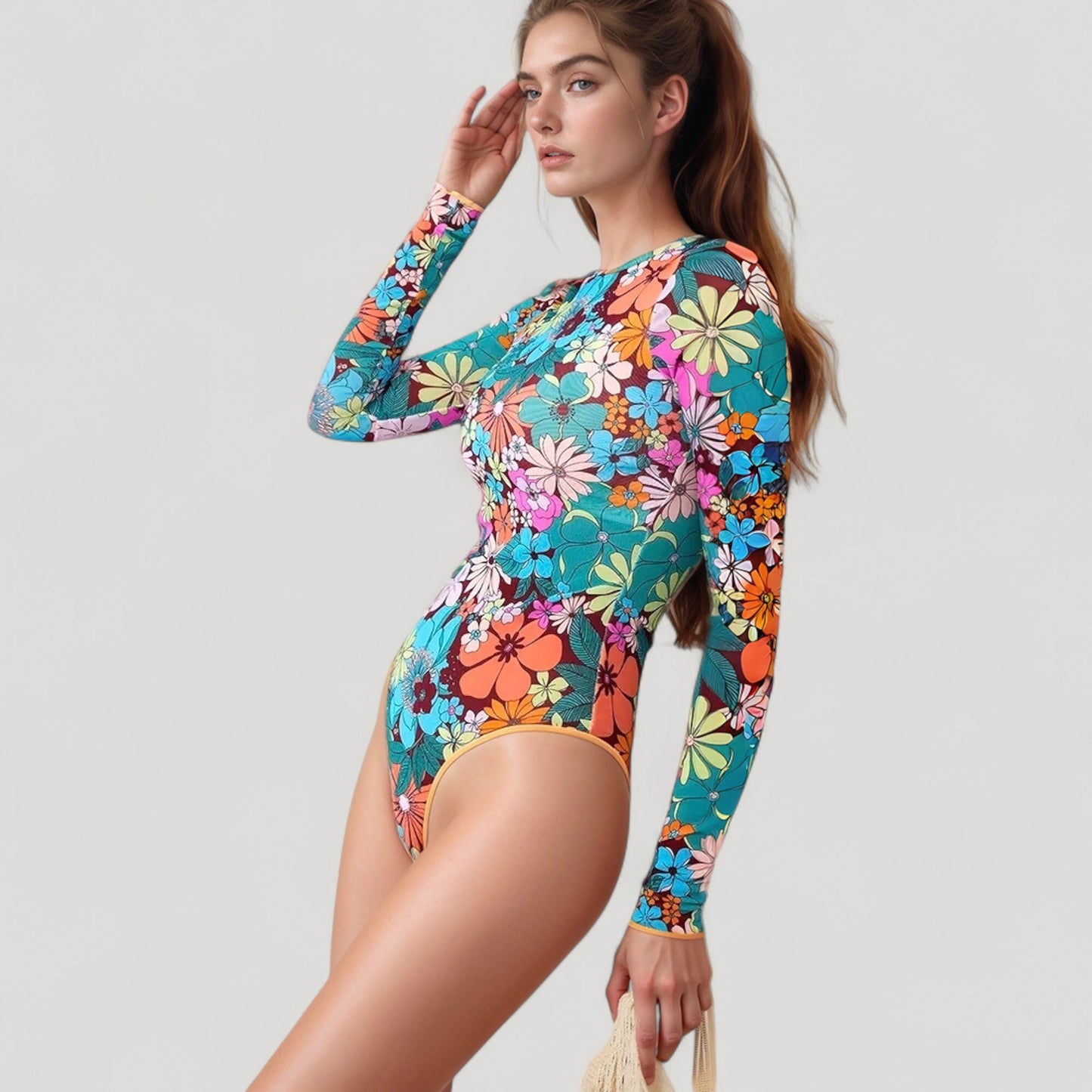 Long Sleeve One Piece Swimsuit with Crew Neck and Colorful Retro Floral Print
