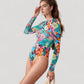 Long Sleeve One Piece Swimsuit with Crew Neck and Colorful Retro Floral Print