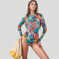 Long Sleeve One Piece Swimsuit with Crew Neck and Colorful Retro Floral Print