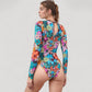 Long Sleeve One Piece Swimsuit with Crew Neck and Colorful Retro Floral Print