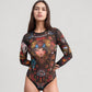 Tattoo Print Mesh Long Sleeve Bodysuit with Scoop Neck and Artistic Allover Graphic Design