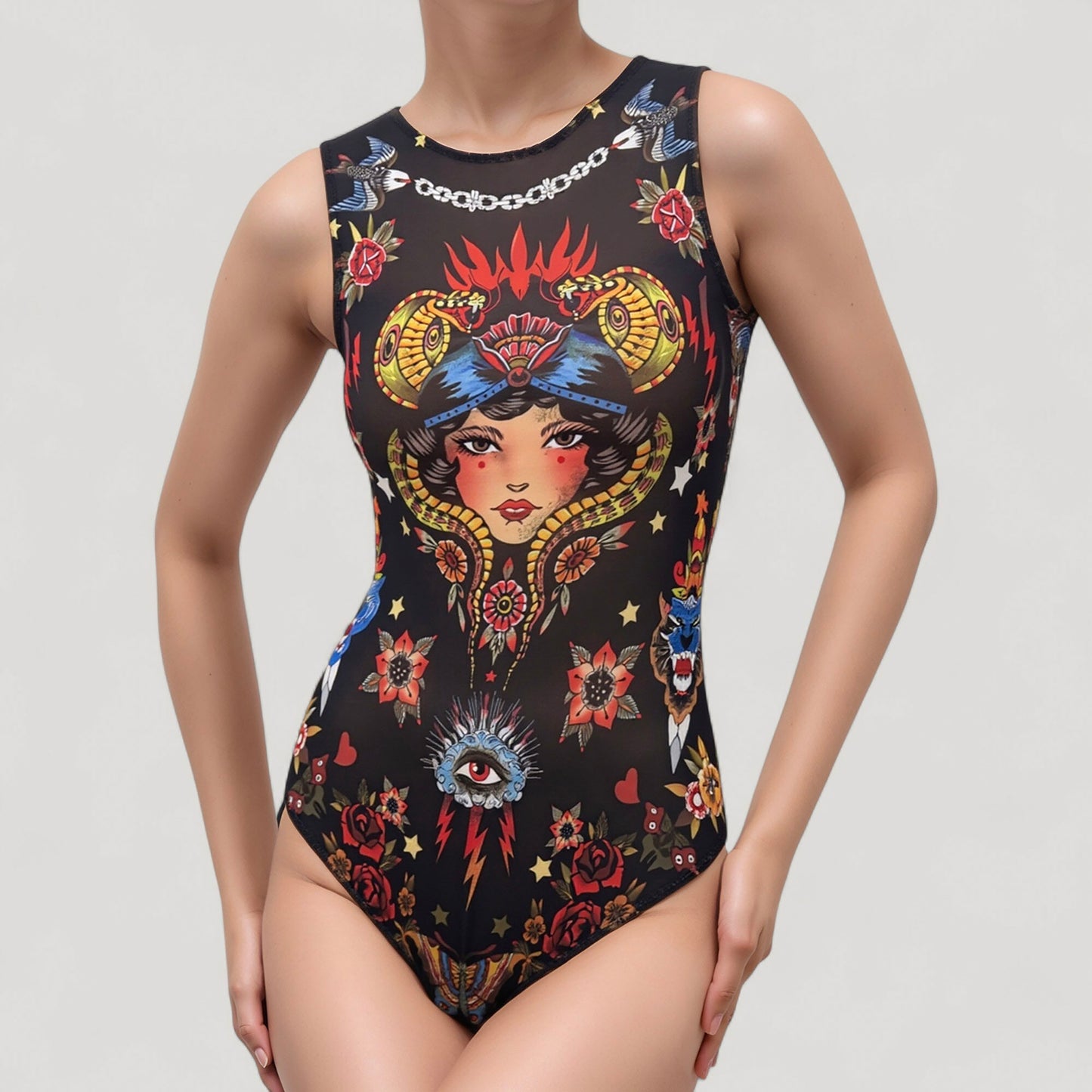 Tattoo Print Mesh Long Sleeve Bodysuit with Scoop Neck and Artistic Allover Graphic Design