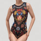 Tattoo Print Mesh Long Sleeve Bodysuit with Scoop Neck and Artistic Allover Graphic Design