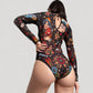 Tattoo Print Mesh Long Sleeve Bodysuit with Scoop Neck and Artistic Allover Graphic Design