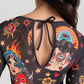 Tattoo Print Mesh Long Sleeve Bodysuit with Scoop Neck and Artistic Allover Graphic Design