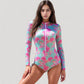 Long Sleeve One Piece Swimsuit with Zip Front and Abstract Fan Shell Print