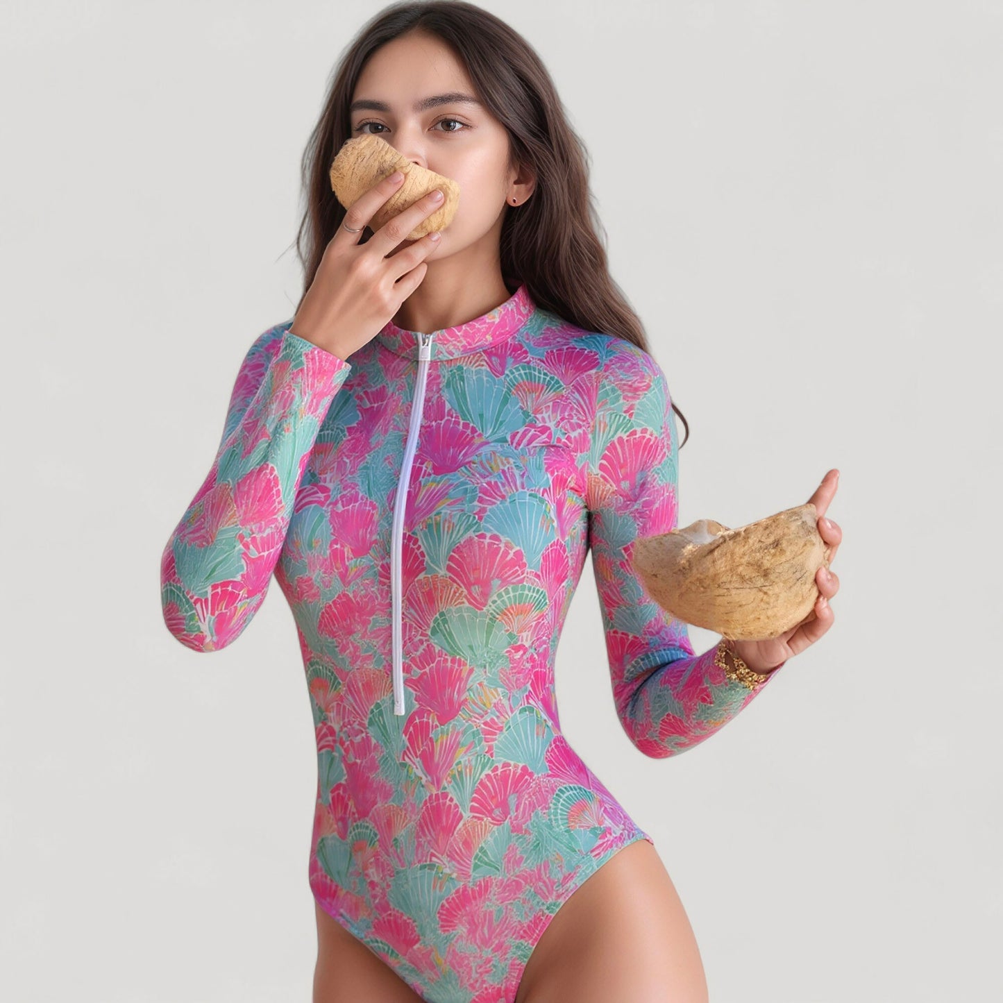 Long Sleeve One Piece Swimsuit with Zip Front and Abstract Fan Shell Print