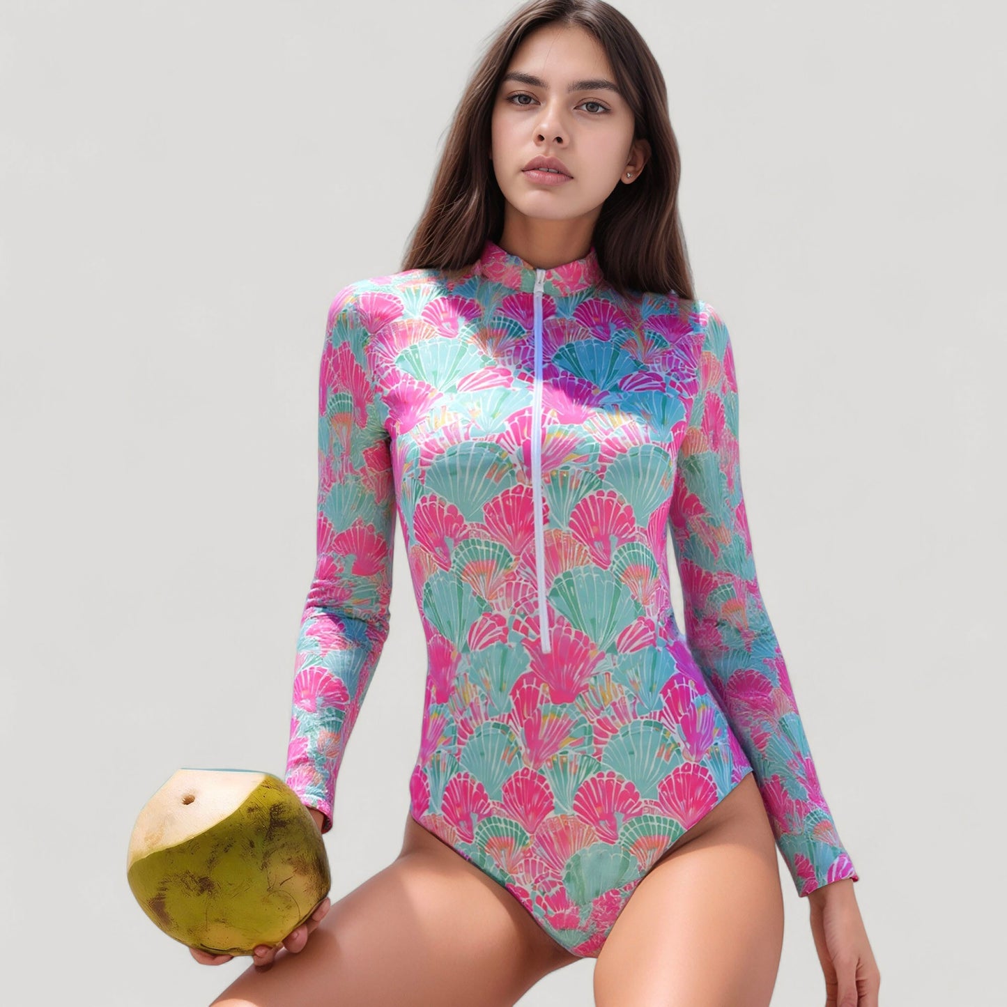 Long Sleeve One Piece Swimsuit with Zip Front and Abstract Fan Shell Print