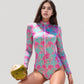Long Sleeve One Piece Swimsuit with Zip Front and Abstract Fan Shell Print