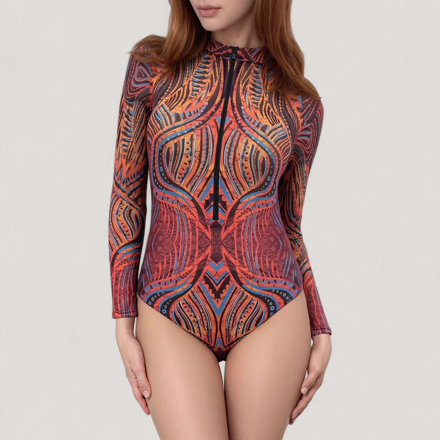 Long Sleeve One Piece Swimsuit with Tribal Inspired Print and Front Zipper Detail