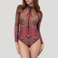 Long Sleeve One Piece Swimsuit with Tribal Inspired Print and Front Zipper Detail