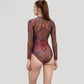 Long Sleeve One Piece Swimsuit with Tribal Inspired Print and Front Zipper Detail