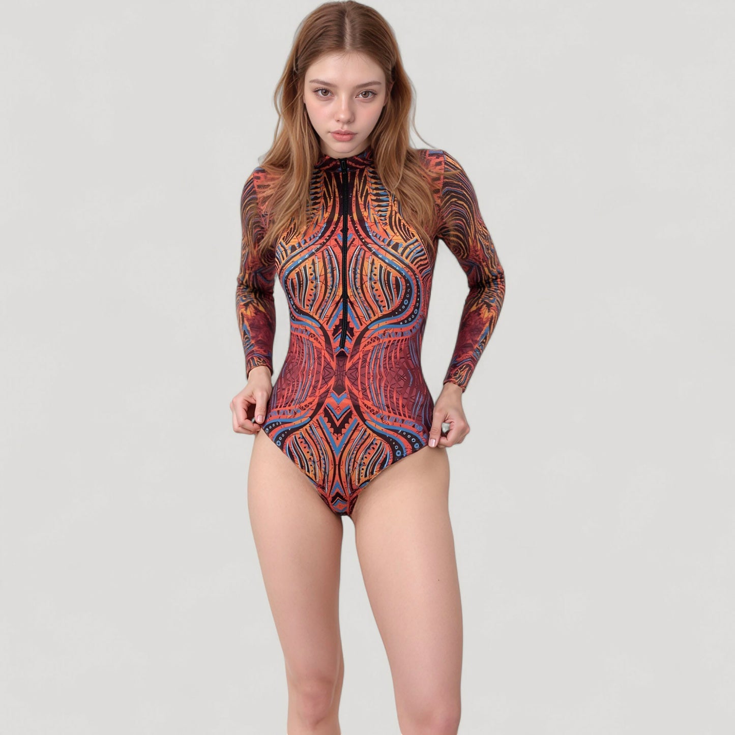 Long Sleeve One Piece Swimsuit with Tribal Inspired Print and Front Zipper Detail