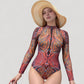 Long Sleeve One Piece Swimsuit with Tribal Inspired Print and Front Zipper Detail