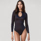 Long Sleeve One Piece Swimsuit with Ribbed Texture Keyhole Front and Ring Accent