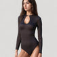 Long Sleeve One Piece Swimsuit with Ribbed Texture Keyhole Front and Ring Accent