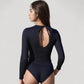 Long Sleeve One Piece Swimsuit with Ribbed Texture Keyhole Front and Ring Accent