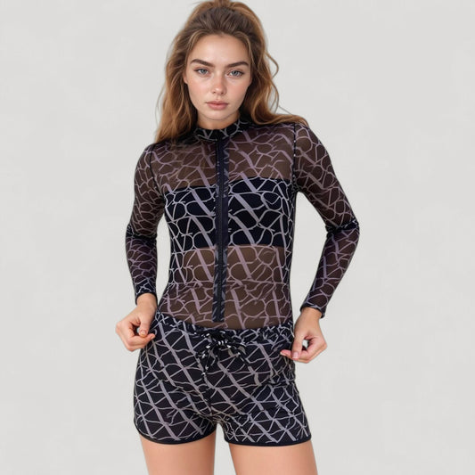 Long Sleeve Zip Front Mesh Swimsuit Set with Abstract Pattern and Drawstring Shorts