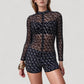 Long Sleeve Zip Front Mesh Swimsuit Set with Abstract Pattern and Drawstring Shorts