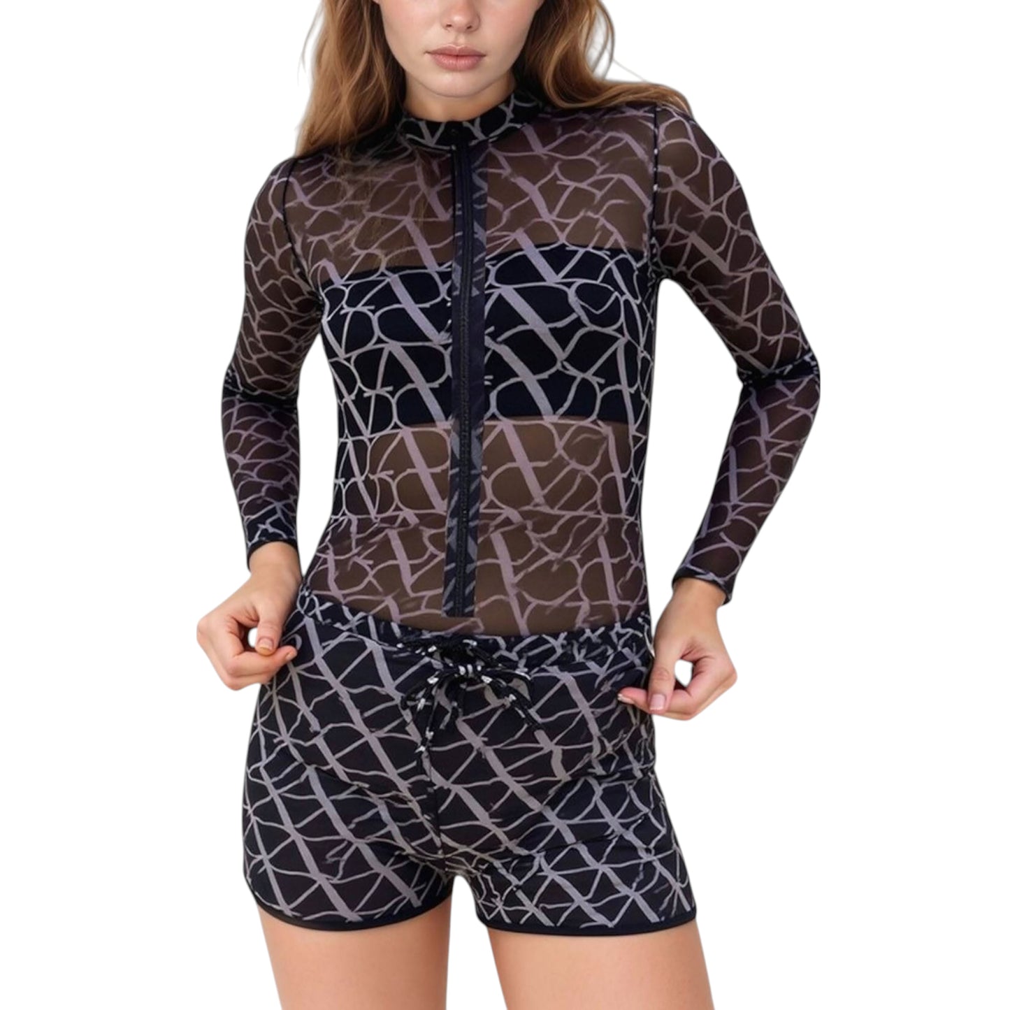 Long Sleeve Zip Front Mesh Swimsuit Set with Abstract Pattern and Drawstring Shorts