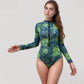 Long Sleeve One Piece Swimsuit with Front Zipper and Tropical Leaf Print