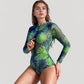 Long Sleeve One Piece Swimsuit with Front Zipper and Tropical Leaf Print