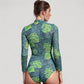 Long Sleeve One Piece Swimsuit with Front Zipper and Tropical Leaf Print