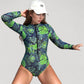 Long Sleeve One Piece Swimsuit with Front Zipper and Tropical Leaf Print