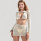 Lace Bikini Set with Triangle Top and Long Sleeve Sheer Crop Cover-Up and Mini Skirt
