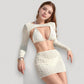Lace Bikini Set with Triangle Top and Long Sleeve Sheer Crop Cover-Up and Mini Skirt