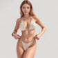 Lace Bikini Set with Triangle Top and Long Sleeve Sheer Crop Cover-Up and Mini Skirt