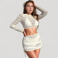 Three-Piece Lace Swimsuit Set with Long Sleeve Crop Top Triangle Bikini and Ruched Mini Skirt Cover-Up
