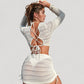 Three-Piece Lace Swimsuit Set with Long Sleeve Crop Top Triangle Bikini and Ruched Mini Skirt Cover-Up