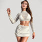 Three-Piece Lace Swimsuit Set with Long Sleeve Crop Top Triangle Bikini and Ruched Mini Skirt Cover-Up