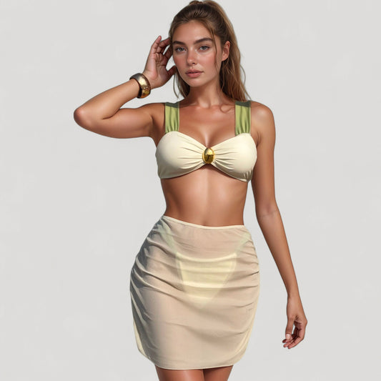 Retro Three-Piece Swimsuit Set with Wide Strap Bikini Top Ruched Sheer Skirt and Jewel Accent