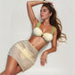 Retro Three-Piece Swimsuit Set with Wide Strap Bikini Top Ruched Sheer Skirt and Jewel Accent