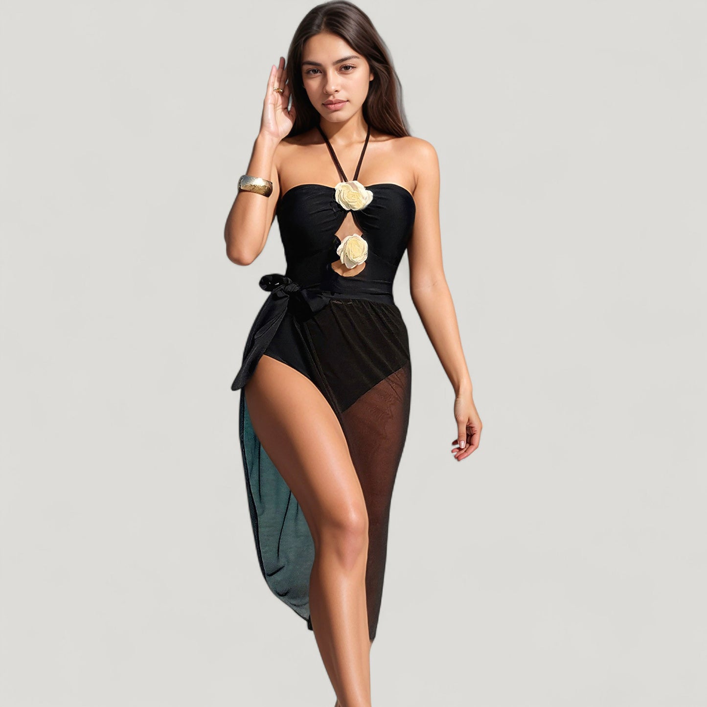 Strapless One-Piece Swimsuit with Floral Halter Detail and Mesh High-Slit Wrap Skirt Cover-Up