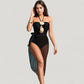Strapless One-Piece Swimsuit with Floral Halter Detail and Mesh High-Slit Wrap Skirt Cover-Up