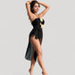 Strapless One-Piece Swimsuit with Floral Halter Detail and Mesh High-Slit Wrap Skirt Cover-Up
