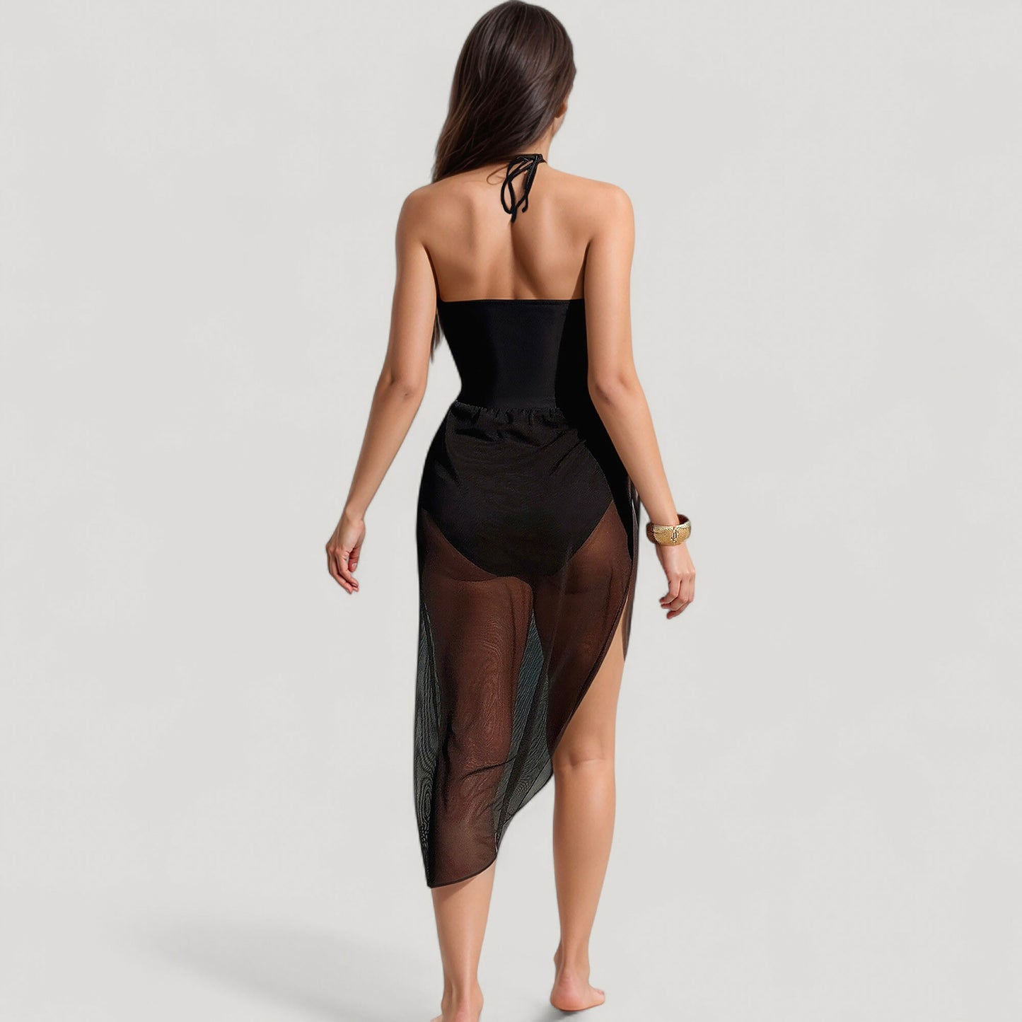 Strapless One-Piece Swimsuit with Floral Halter Detail and Mesh High-Slit Wrap Skirt Cover-Up