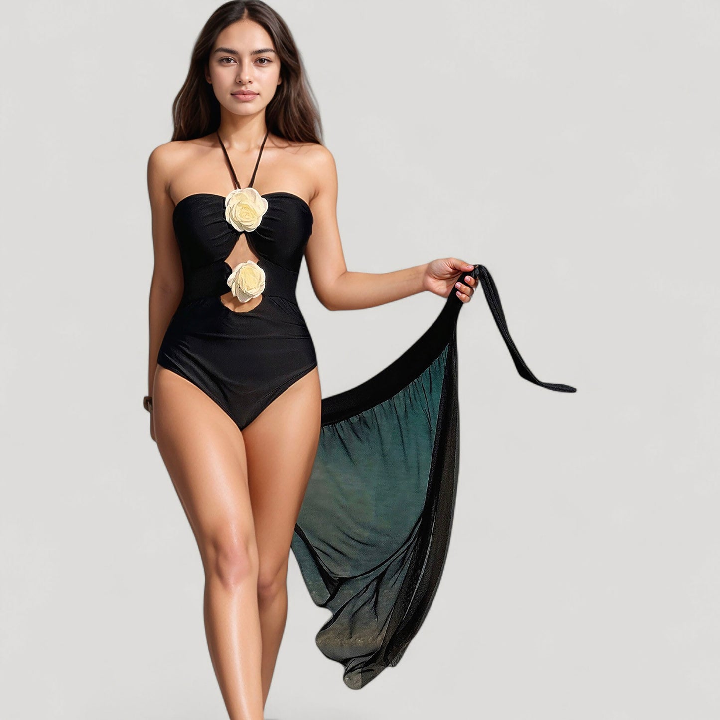 Strapless One-Piece Swimsuit with Floral Halter Detail and Mesh High-Slit Wrap Skirt Cover-Up
