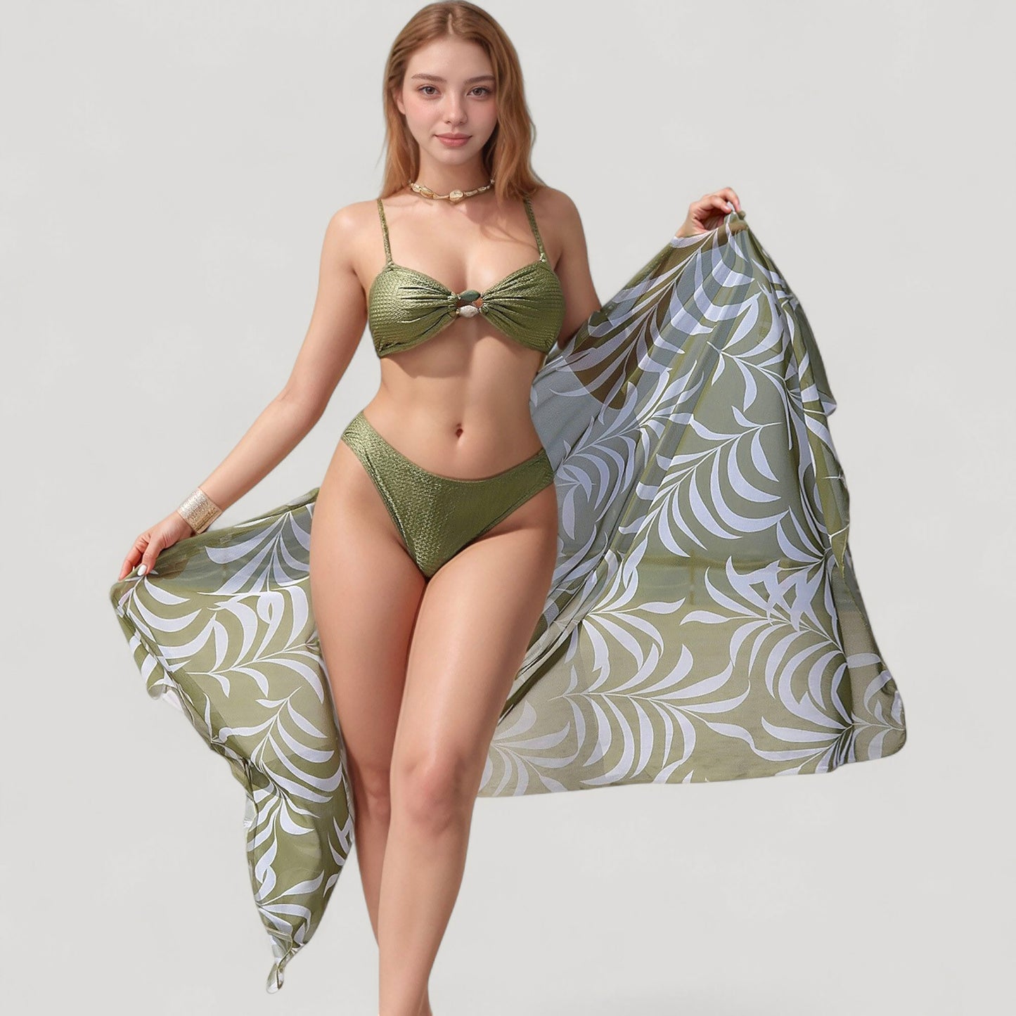 Ring Front Bikini Top with Adjustable Straps and Tropical Leaf Print Sarong Cover-Up Skirt