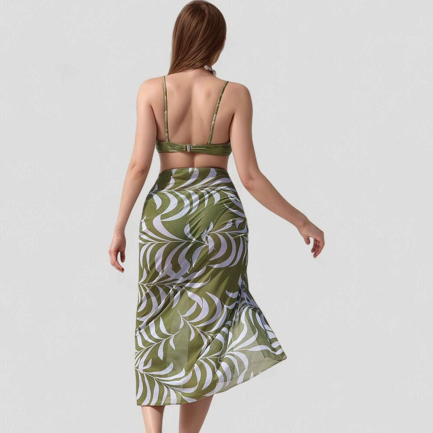 Ring Front Bikini Top with Adjustable Straps and Tropical Leaf Print Sarong Cover-Up Skirt