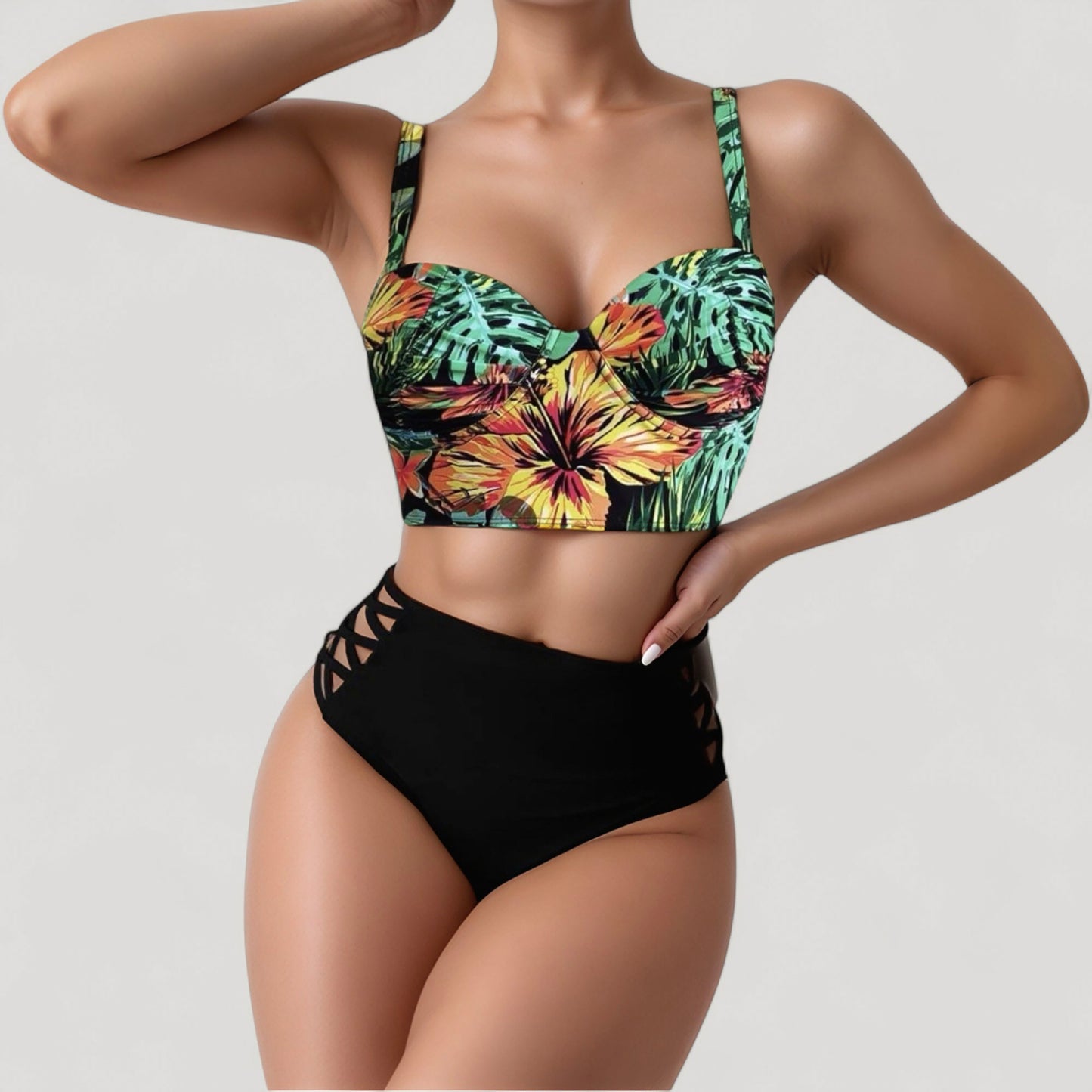Tropical Print Longline Bikini Top with High Waist Bottom and Lattice Side Details