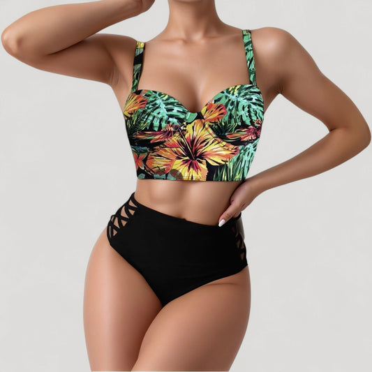 Tropical Print Longline Bikini Top with High Waist Bottom and Lattice Side Details