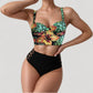 Tropical Print Longline Bikini Top with High Waist Bottom and Lattice Side Details