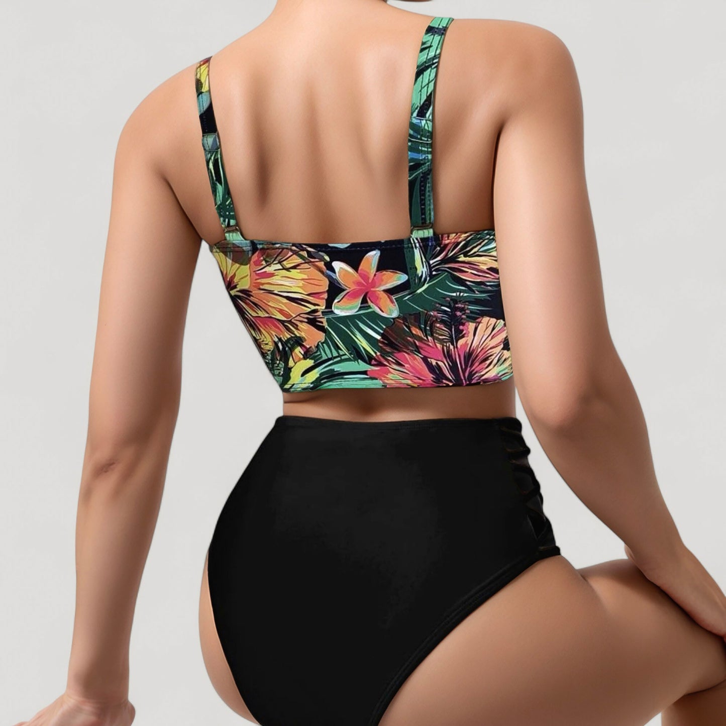 Tropical Print Longline Bikini Top with High Waist Bottom and Lattice Side Details