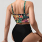 Tropical Print Longline Bikini Top with High Waist Bottom and Lattice Side Details