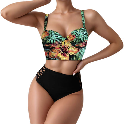 Tropical Print Longline Bikini Top with High Waist Bottom and Lattice Side Details