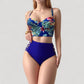 Tropical Print Longline Bikini Top with High Waist Bottom and Lattice Side Details